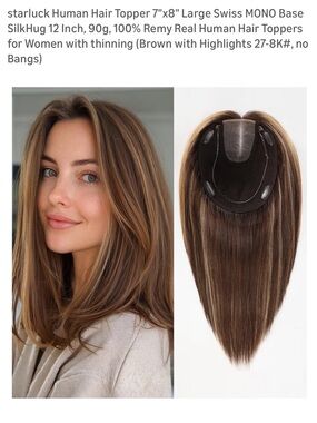 starluck Human Hair Topper Large Swiss MONO Base SilkHug Real Brown Highlights
